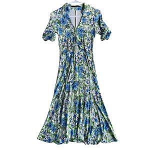Atos Lombardini Blue Green Floral Maxi Dress Collared V-Neck Size 46 Flowy Italy